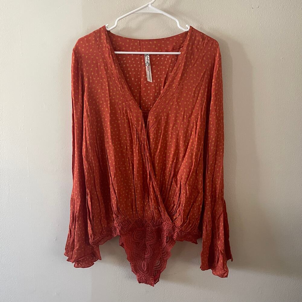 Free People Bodysuit Womens Large Makin Waves Polka Dot Bell Sleeve Boho Blouse
